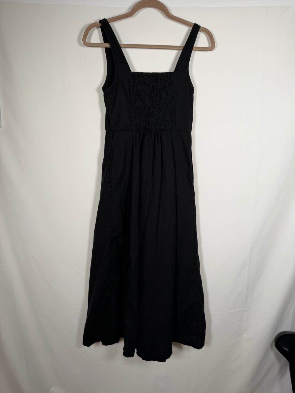 Minimalist Black Fit & Flare Linen Blend Smocked Bodice Midi Dress - Women